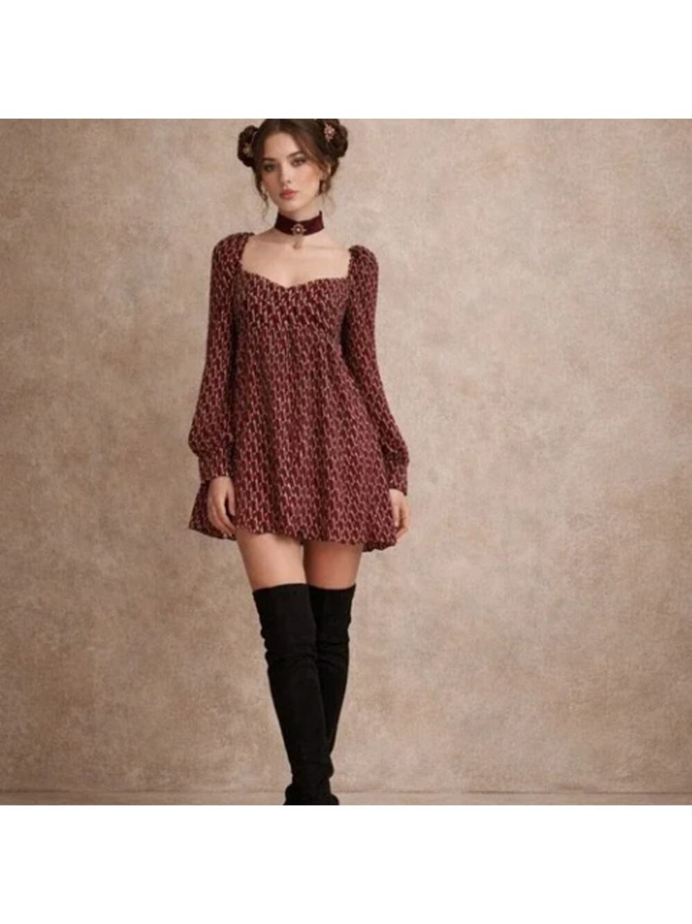 Wayf Wine Red Patterned Long-Sleeve Mini Dress